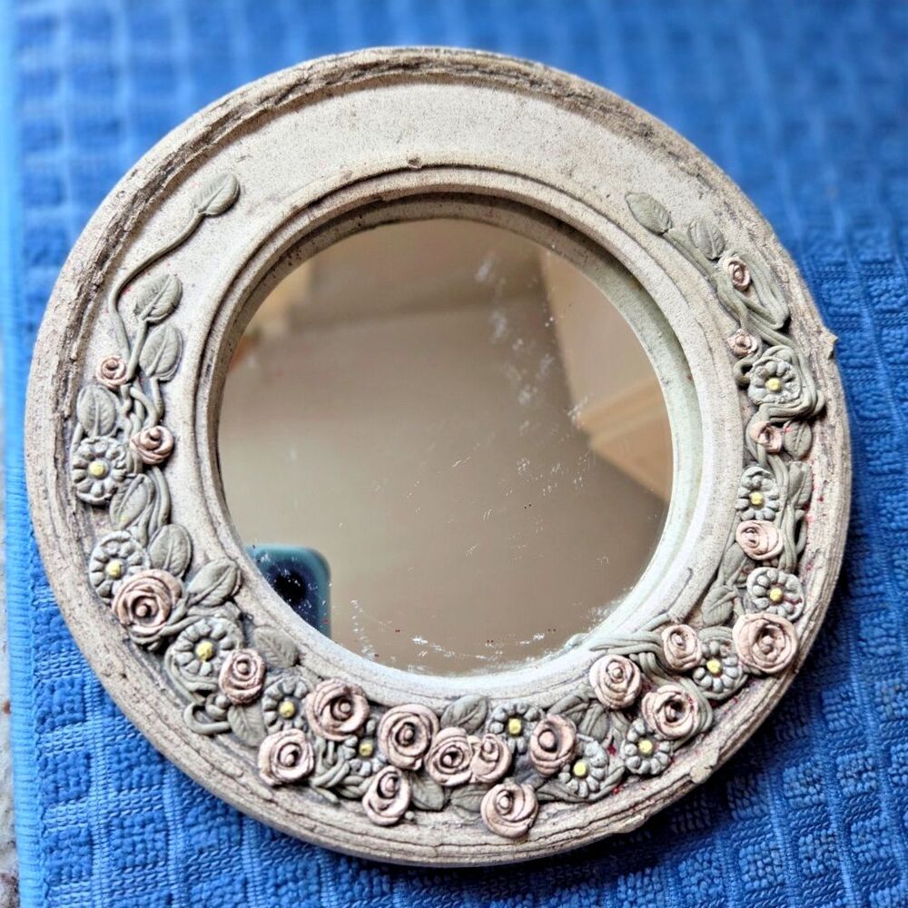 Vintage Signed Bartlett 7" Round Ceramic Studio Pottery Mirror with Raised Roses